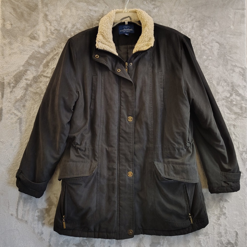 Mackintosh New England Dark‎ Blue Coat with Faux Fur Collar Women's L Adjustable